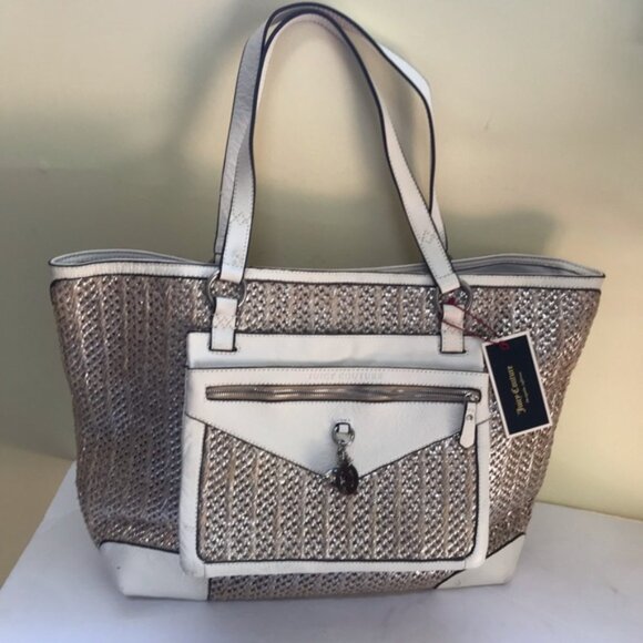 Juicy Couture NEW Y2K Leather Raffia Tote Satchel Shoulder Bag Clutch Wristlet - Picture 15 of 16